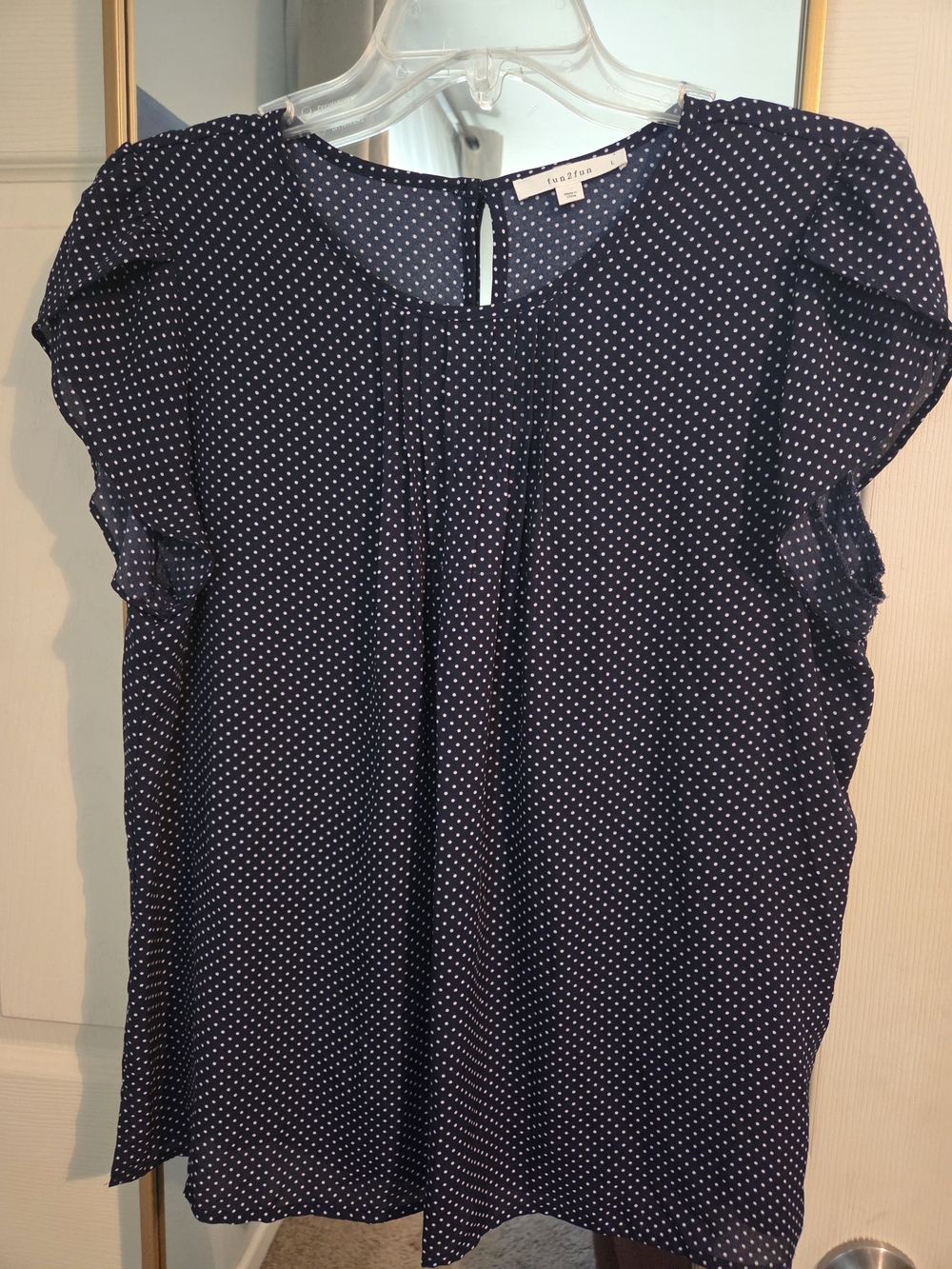 fun 2 fun Navy and White Polka Dot Flutter Sleeve Blouse-L